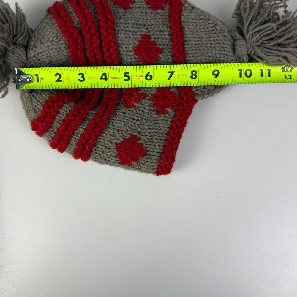 Seasons of Cannon Falls Wool Earflap Hat Red Brown Tassel Pom‎ Pom Winter
